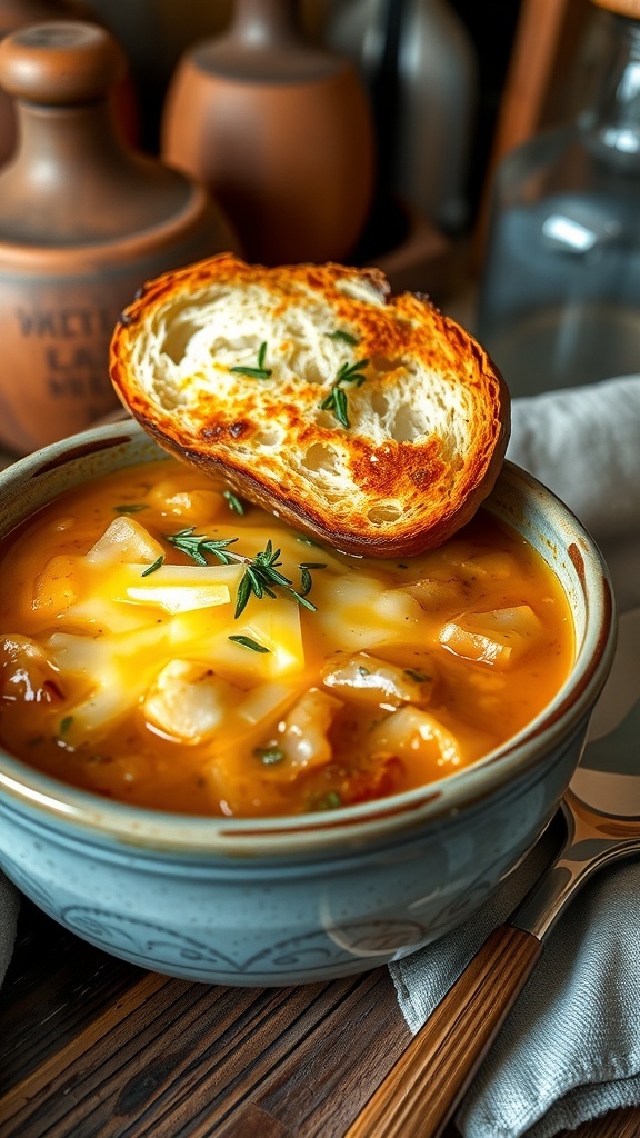 A bowl of French onion soup with melted cheese and toasted bread, garnished with thyme.